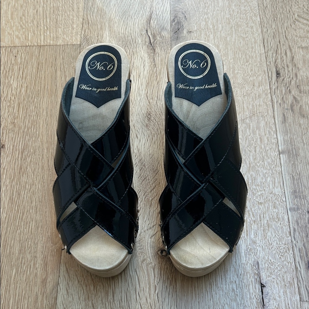 No. 6 Black Patent Leather Wedge Mules